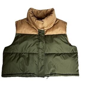 Zara Quilted Cropped Puffer Green Tan Color Block Funnel Neck Gorpcore Vest L